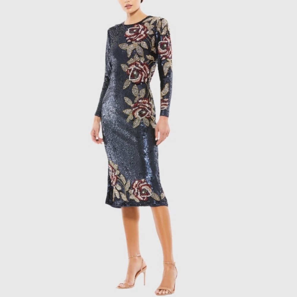 Mac Duggal Navy Sequin Long Sleeve Dress